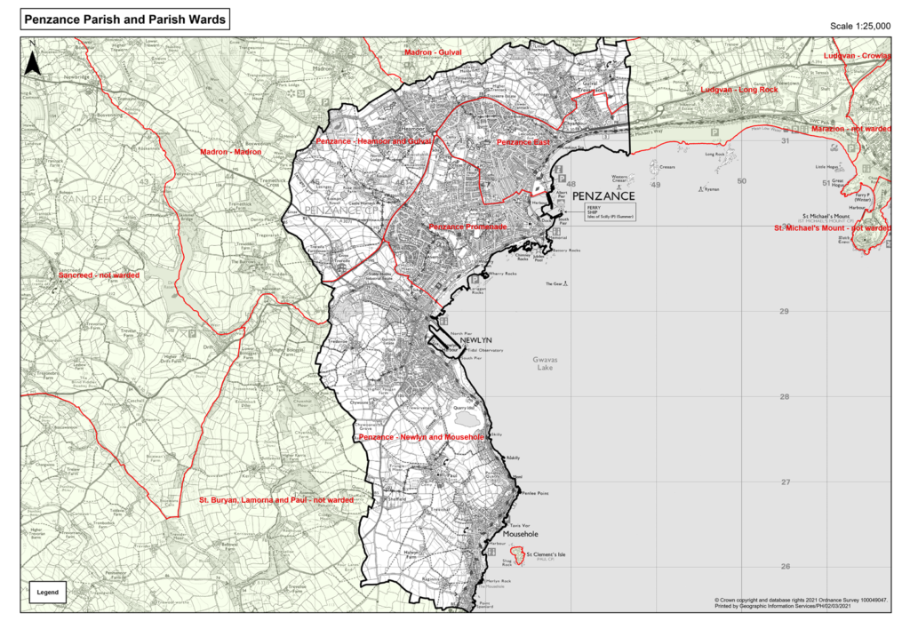 Map showing the Parish boundary of Penzance and the individual wards. Click to enlarge