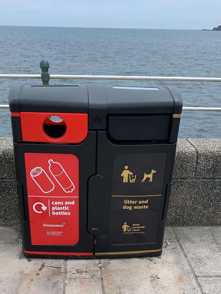 A new Cornwall Council dual purpose bin installed on Penzance Promenade